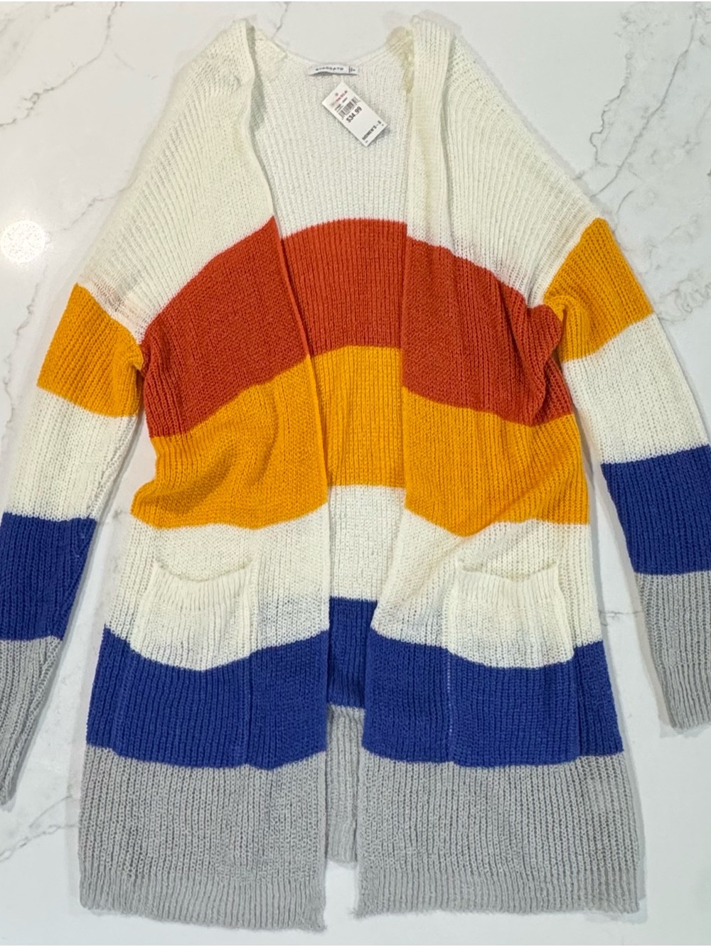 Staccato Cream Open Cardigan with Orange, Yellow, Blue & Gray Stripes